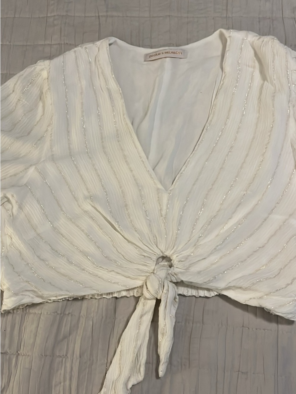Knot-Front Metallic Stripe Crop Top in White